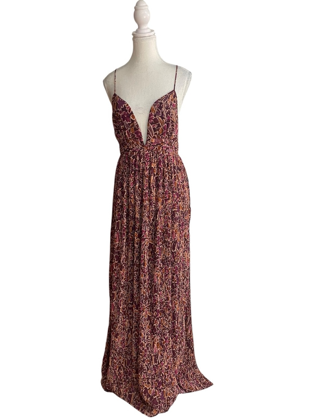 Lulus Kit Plum Multi Floral Plunging Neckline Maxi Dress Burgundy